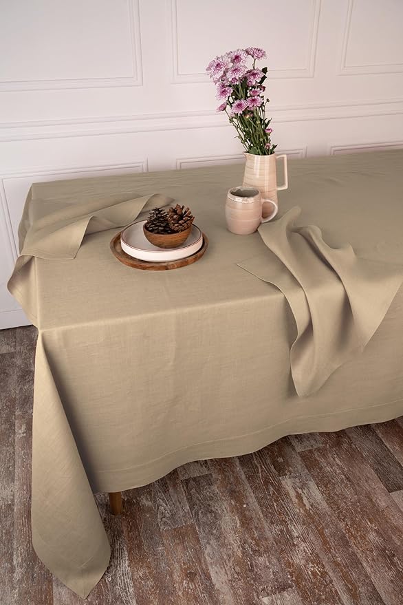 D'Moksha Homes Linen Tablecloth 60 x 108 Inch - 100% Pure Linen Champagne Beige Tablecloth - Machine Washable Dining Tablecloth for Rectangle Tables