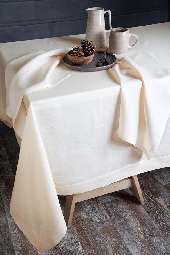 D'Moksha Homes Linen Tablecloth 60 x 132 Inch - 100% Pure Linen Cream Tablecloth - Machine Washable Dining Tablecloth for Rectangle Tables