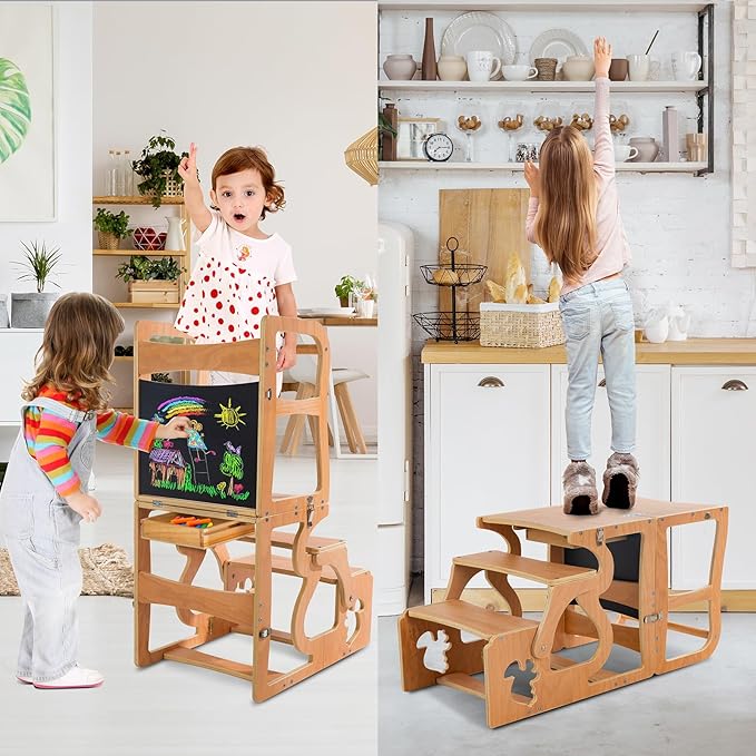 Toddler Tower Kitchen Stool Helper-Montessori Standing with Chalkboard, 3 in 1 Step Stools for Kids Back, Learning Wooden Kitchen, Free Hands, Easy Assembly Playing Toys or Studying