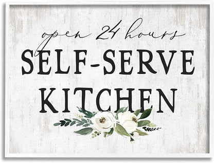 Stupell Industries Self-Serve Kitchen Sign White Flowers 24 Hours Framed Wall Art, 30 x 24