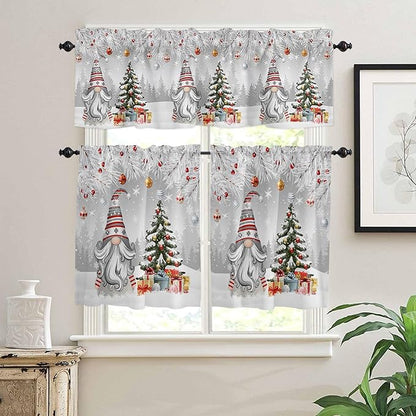 Vandarllin Christmas Gnome Kitchen Curtains and Valances Set, Winter Merry Christmas Tree Balls Windows Treatments Tiers Half/Short Curtains for Small Windows Cafe/Living Room/Bedroom 54x24 in Grey