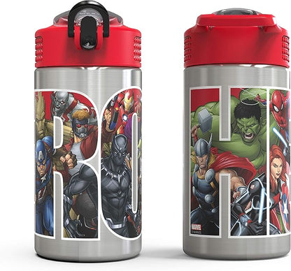 Zak Designs Marvel Universe - Stainless Steel Water Bottle with One Hand Operation Action Lid and Built-in Carrying Loop, Kids Water Bottle with Straw Spout is Perfect for Kids (15.5 oz, BPA Free)