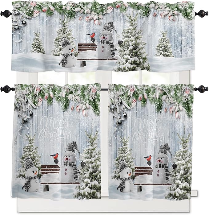 Vandarllin Merry Christmas Kitchen Curtains and Valances Set, Xmas Snowman Snowy Pine Tree Windows Treatments Tiers Half/Short Curtains for Small Windows Cafe/Living Room/Bedroom 54x36 in Blue Winter