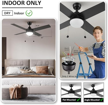 52 Inch Black Pull Chain Ceiling Fan with 2 in 1 Reversible Blade, 3-color LED Light, 5 Speeds Quiet Reversible DC Motor, 4 Plywood Blades Modern Ceiling Fan for Living Room, Bedroom, Kitchen