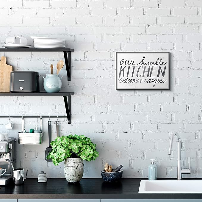 Stupell Industries Minimal Our Humble Kitchen Phrase Distressed Text, Design by Katie Doucette Black Framed Wall Art, 11 x 14, White