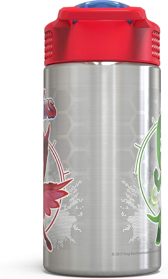 Zak Designs PJ Masks 15.5oz Stainless Steel Kids Water Bottle with Flip-up Straw Spout - BPA Free Durable Design, PJ Masks SS, Catboy, Owlette & Gekko, Single Wall