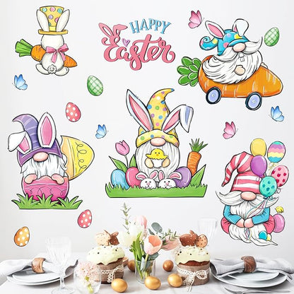 Mfault Happy Easter Bunny Gnome Wall Decals Stickers, Rabbit Eggs Carrot Balloon Decorations Bedroom Art, Chick Butterfly Home Kitchen Decor Party Supplies