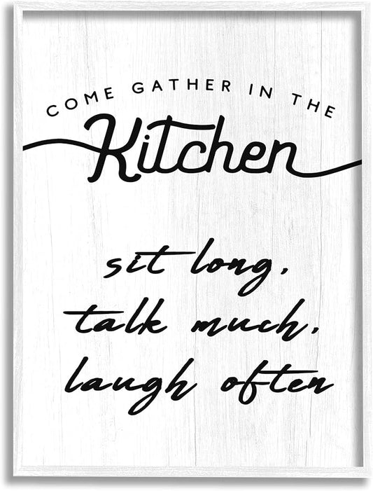 Stupell Industries Kitchen Gathering Sign Minimal Sit Talk Laugh Phrase, Designed by Daphne Polselli White Framed Wall Art, 16 x 20