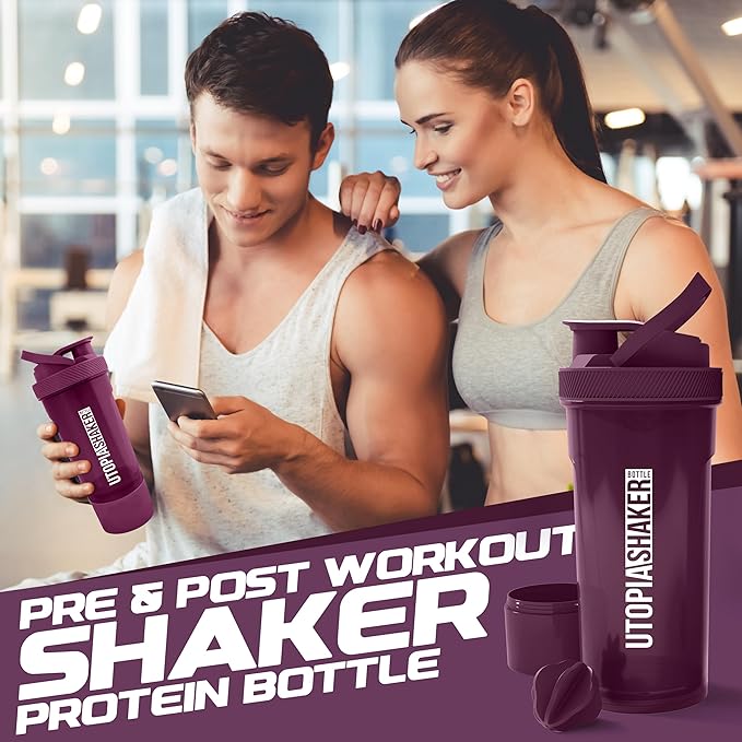 Utopia Home Shaker Bottle 2 Pack - 24 Ounce Plastic Protein or Cocktail Shaker Bottle for Pre & Post workout with Twist & Lock Protein Box Storage (Clear/Plum)