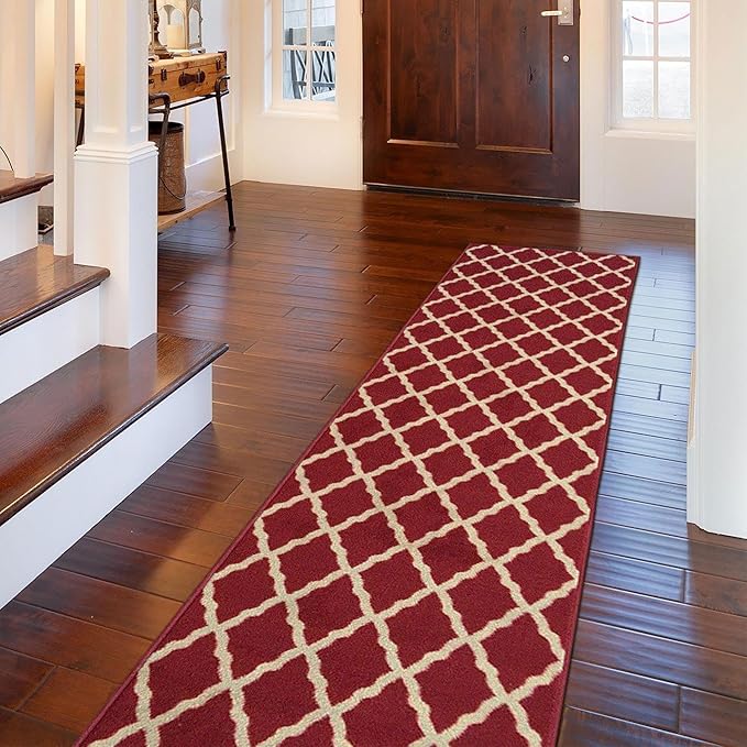 Ottomanson Ottohome Collection Non-Slip Rubberback Elegant Trellis Design 2x7 Indoor Runner Rug, 1'10" x 7', Red