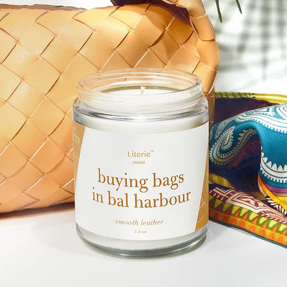 Miami Inspired Scented Candle: Buying Bags in Bal Harbor - Smooth Leather Scent, 7.5oz, 40 Hour Burn, Vegan Soy & Coconut Blend Candle for Home Decor, Gift for Women & Men