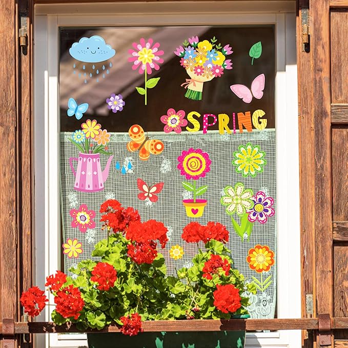 8 Sheets Floral Cartoon Window Clings Spring Flower Static Window Stickers Refrigerator Glass Stickers Party Decorations Add Joy to The Season and Home Decoration