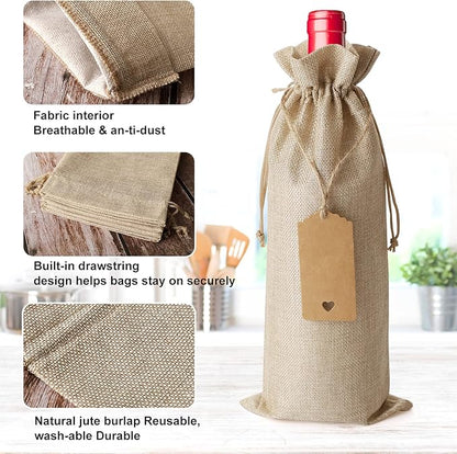 Reusable Burlap Wine Bag, 12PCS Wine Gift Bags for Wine Bottles with Gift Tags, Wine Bottle Bags for Wedding, Birthday, Christmas, Halloween, Travel, Party, Home Storage