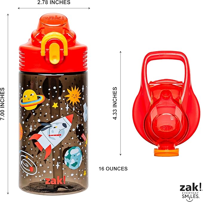 Zak Designs Sage Water Bottle For School or Travel, 16oz Durable Plastic Water Bottle With Straw, Handle, and Leak-Proof, Pop-Up Spout Cover (Spaceships)