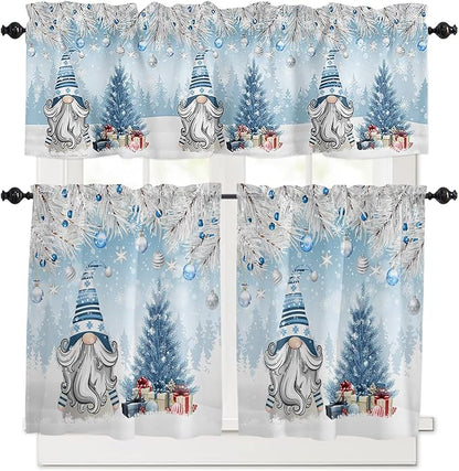 Vandarllin Christmas Gnome Kitchen Curtains and Valances Set, Winter Merry Christmas Tree Balls Windows Treatments Tiers Half/Short Curtains for Small Windows Cafe/Living Room/Bedroom 54x36 in Blue