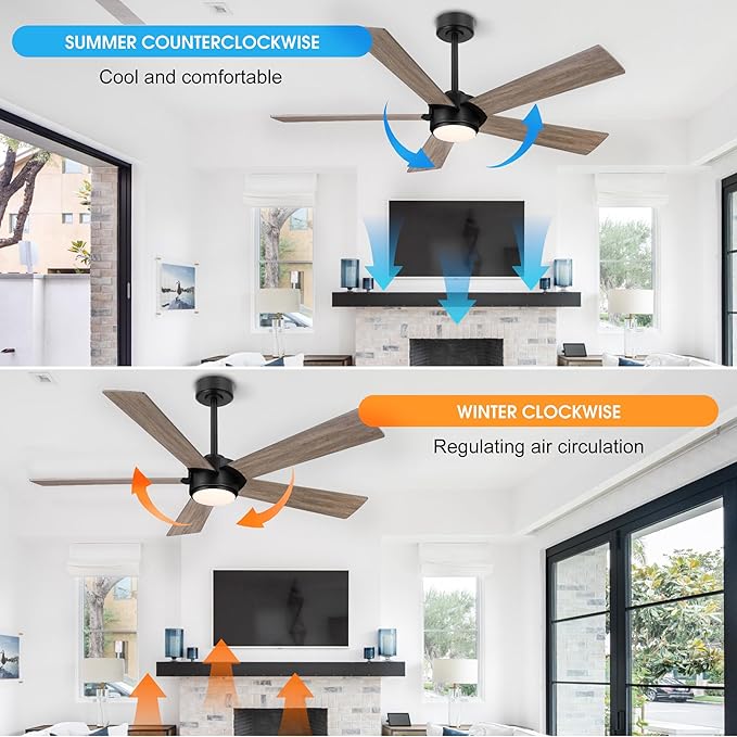 54" Ceiling Fan with Light and Remote Control, Modern Dimmable LED Light, 6-Speed Noiseless Reversible DC Motor, 5 Plywood Ceiling Fan for Kitchen Bedroom Living Room Black/Wood Color