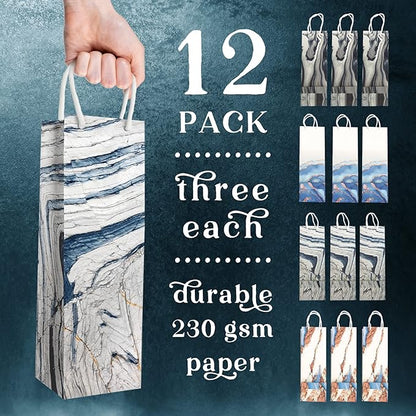 12 PC Bottle Bags for Gifts, Upscale Marble Design Wine & Bottle Bags, Heavy Duty Tall Wine Bag, Bottle Bags for Wine, Wine Gift Bag, Bottle Gift Bags for Wine, Wine Bags, Wine Gift Bags