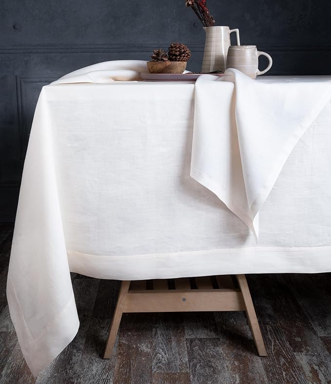 D'Moksha Homes Linen Tablecloth 60 x 60 Inch - 100% Pure Linen Ivory Tablecloth - Machine Washable Dining Table Throw - Ivory Tablecloth for Square Tables