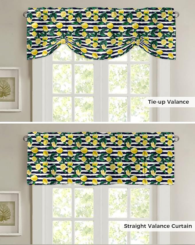 Tie Up Valance for Kitchen Living Room Farmhouse - Lemon and Stripe Pattern Rod Pocket Adjustable Tie-up Shade Valance for Small Window, Window Valance Balloon Drape for Bathroom 60x18 inches