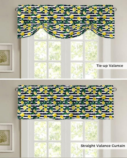 Tie Up Valance for Kitchen Living Room Farmhouse - Lemon and Stripe Pattern Rod Pocket Adjustable Tie-up Shade Valance for Small Window, Window Valance Balloon Drape for Bathroom 42x12 inches