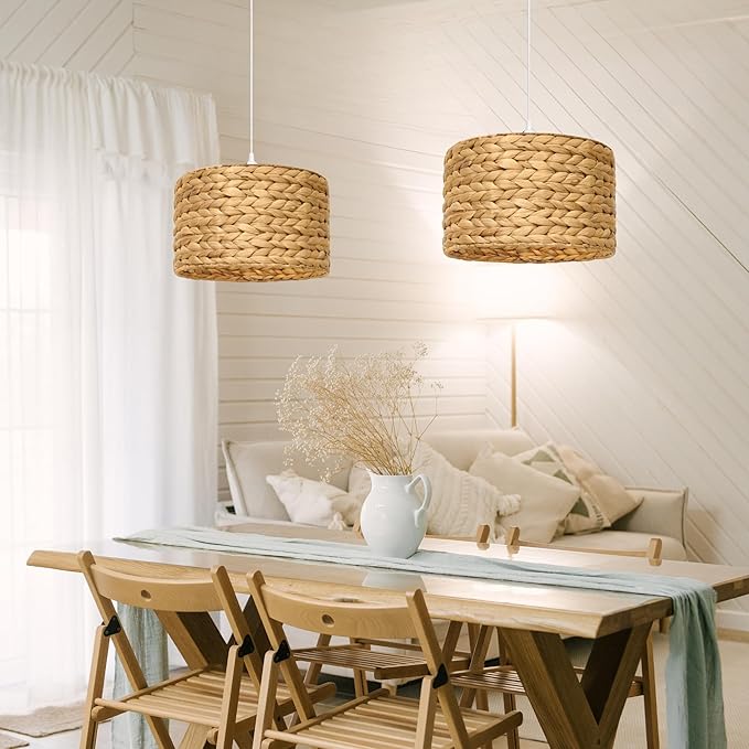 Rattan Pendant Light - Drum Pendant Lights for Home Decor - Natural Woven Pendant Light; Wicker Pendant Light for Dining Room, Kitchen Island