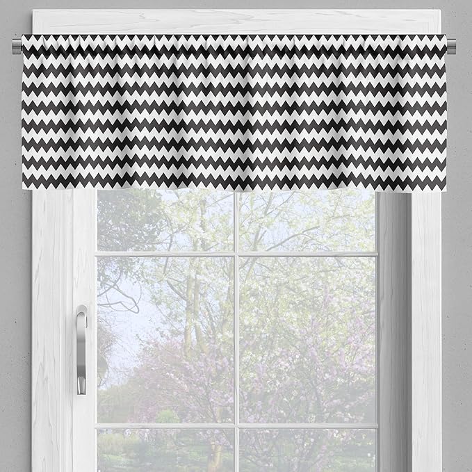 Ambesonne Chevron Valance & Tier Curtain 3 pcs Set, Zig Zags in Black and White Sharp Arrow Inspired Classic Retro Tile Monochrome, Window Treatments for Kitchen Room Decor, 55" x 45", Black Cream