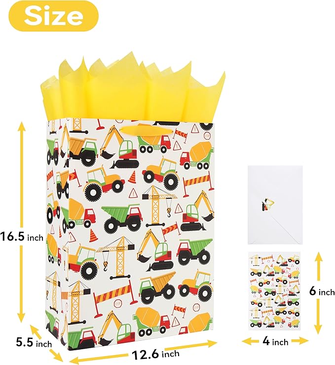 16.5” Extra Large Vehicle-themed Gift Bags Set with Greeting Card and Tissue Paper (Yellow Car Design) for boys, Kids Birthday Party, Baby boy, Baby Shower, Newborn, New Moms or Parents -