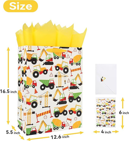 16.5” Extra Large Vehicle-themed Gift Bags Set with Greeting Card and Tissue Paper (Yellow Car Design) for boys, Kids Birthday Party, Baby boy, Baby Shower, Newborn, New Moms or Parents -