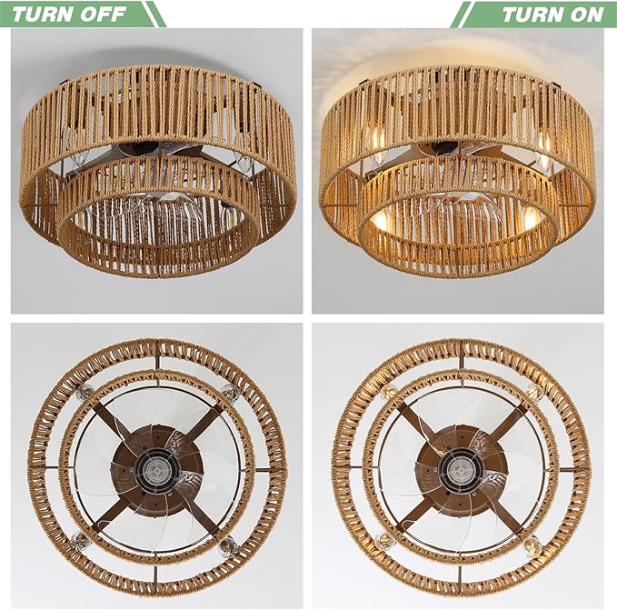 17'' Boho Caged Ceiling Fan with Lights and Remote, Layered Rattan Enclosed Ceiling Fan with 6 Speeds Reversible Motor, Bohemian Flush Mount Fandelier for Bedroom/Nursery/Living Room/Kitchen, Gold