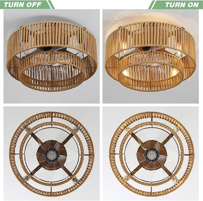 17'' Boho Caged Ceiling Fan with Lights and Remote, Layered Rattan Enclosed Ceiling Fan with 6 Speeds Reversible Motor, Bohemian Flush Mount Fandelier for Bedroom/Nursery/Living Room/Kitchen, Gold