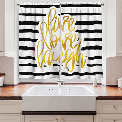 Ambesonne Live Laugh Love Kitchen Curtains, Romantic Design Hand Drawn Stripes and Calligraphic Text, Window Drapes 2 Panel Set for Kitchen Cafe Decor, 55" x 39", Cream Yellow