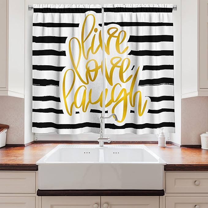 Ambesonne Live Laugh Love Long Kitchen Curtains, Romantic Design Hand Drawn Stripes and Calligraphic Text, Two Panels Drapes with Rod Pocket Room Decor, 55" x 45", Cream Yellow