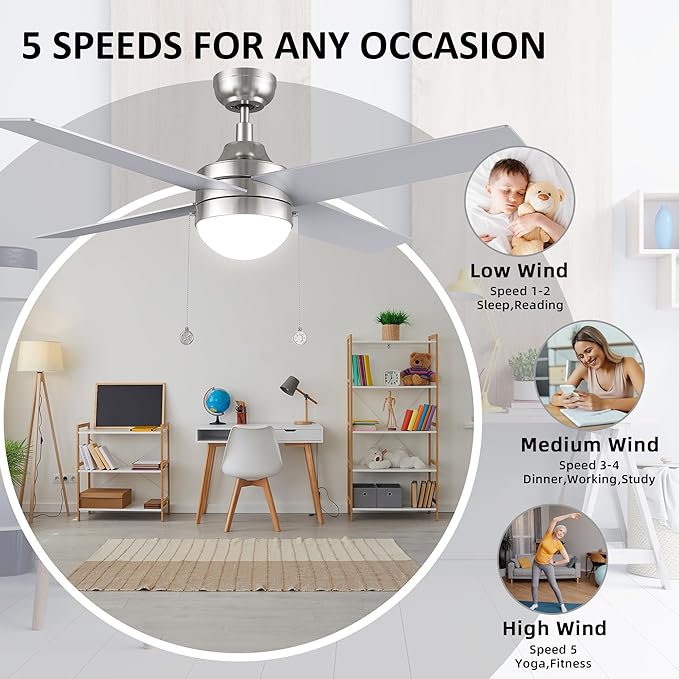 52 Inch Silver Pull Chain Ceiling Fan with Reversible DC Motor, 3-color LED Light Adjustable, 5 Speeds Quiet Reversible DC Motor, 4 Plywood Blades Modern Ceiling Fan for Living Room, Bedroom, Kitchen