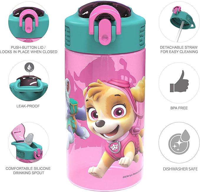 Zak Designs Kids Durable Plastic Spout Cover and Built-in Carrying Loop, Leak-Proof Water Design for Travel, (16oz, 2pc Set), Paw Patrol Skye Bottle 2pk