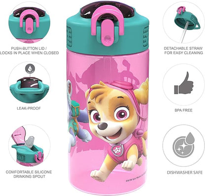 Zak Designs Kids Durable Plastic Spout Cover and Built-in Carrying Loop, Leak-Proof Water Design for Travel, (16oz, 2pc Set), Paw Patrol Skye Bottle 2pk