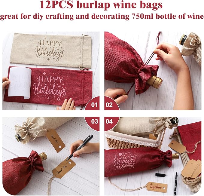 Premium Burlap Wine Bags, 12PCS Wine Bottle Gift Bags with Drawstring, Tags and Ropes, Reusable Wine Gift Bags for Wedding, Birthday, Blind Tastings, Christmas, Hallowen, Travel, Party, Home Storage