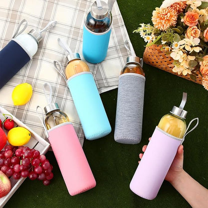 12 Set 24 oz Clear Glass Water Bottles, Reusable Glass Juicing Bottles with Colorful Protection Sleeve and Stainless Steel Leak Proof Lids for Milk Smoothie Juice Beverage Tea