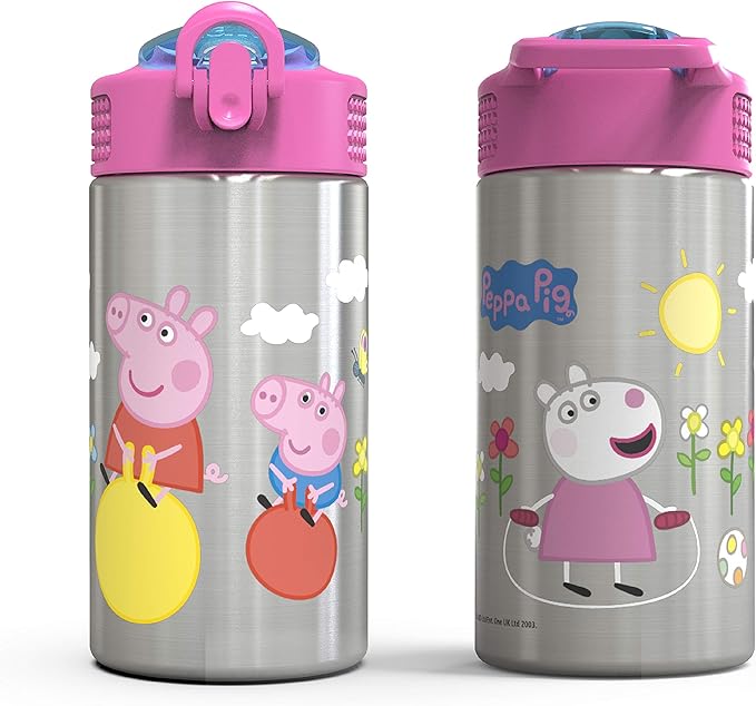 Zak Designs Peppa Pig 15.5oz Stainless Steel Kids Water Bottle with Flip-up Straw Spout - BPA Free Durable Design, Peppa Pig SS, Single Wall