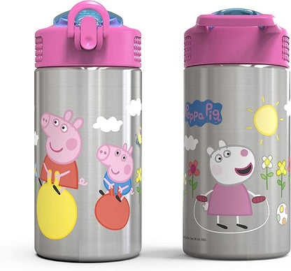 Zak Designs Peppa Pig 15.5oz Stainless Steel Kids Water Bottle with Flip-up Straw Spout - BPA Free Durable Design, Peppa Pig SS, Single Wall