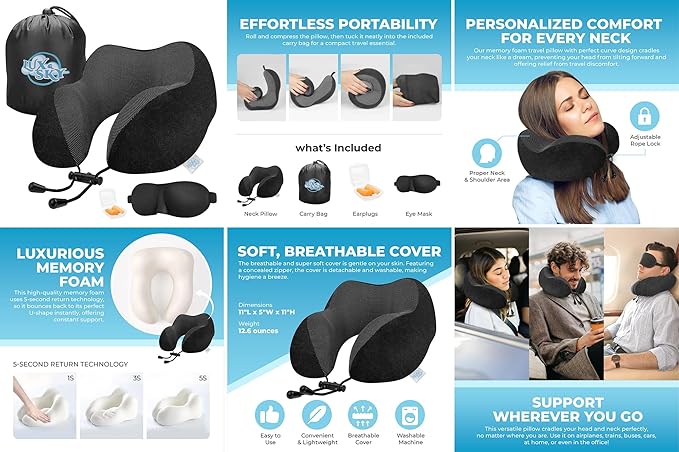 Lux & Sky Cooling Memory Foam Travel Neck Pillow Set for Airplane Car, Home, Office | Travel Essential Neck Pillow with Sleeping Mask & Earplugs | 3 in 1 U Shape Memory Foam Travel Pillow (Black)