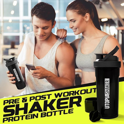 Utopia Home Shaker Bottle 2 Pack - 24 Ounce Plastic Protein or Cocktail Shaker Bottle for Pre & Post workout with Twist & Lock Protein Box Storage (Clear/Black)