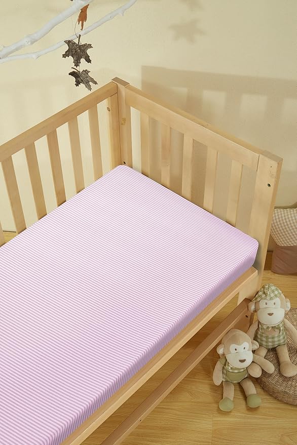 100% Cotton Jersey Knitted Mini Crib Sheets for Boys and Toddler, Soft and Breathable, Crib Sheets Girl Snug Fit, Machine Washable, Multiple Colors (P2,Pink/Gray Stripe,38"x24"x6")