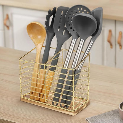 Utensil Holder for Kitchen Counter, Metal Utensil Holder Rack for Kitchen Countertop, Cooking Tools Storage for Spatula, Utensil Organizer with Sturdy Base, and Drainage Hole (Gold Wooden)