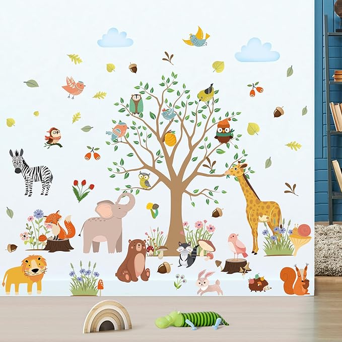 AM AMAONM Removable Jungle Animals Fox Deer Elephant Birds Lion Wall Decals DIY Tree and Leaves Wall Sticker Peel and Stick Home Wall Art Decor for Kids Baby Boys Nursery Bedroom Classroom (39143)