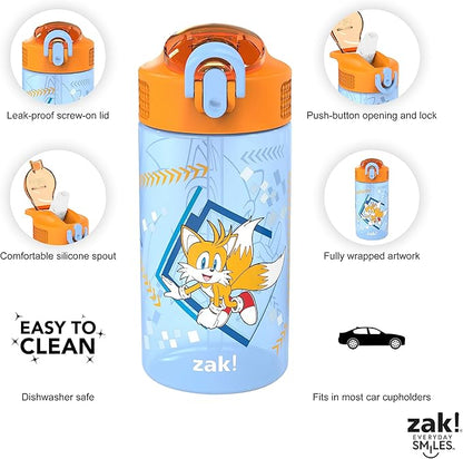 Zak Designs Sonic Kids' 2-Pack Leak-Proof Water Bottles With Straw, Handle and Pop-Up Spout Cover