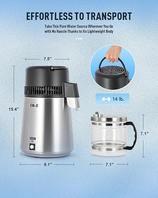 CO-Z 304 Stainless Steel Water Distiller, 4L 750W Countertop Home Tabletop Distiller Water Making Machine, Distill Distilling Water Purifier Distillers, Distilled Clean Water Maker, Pure Water Maker