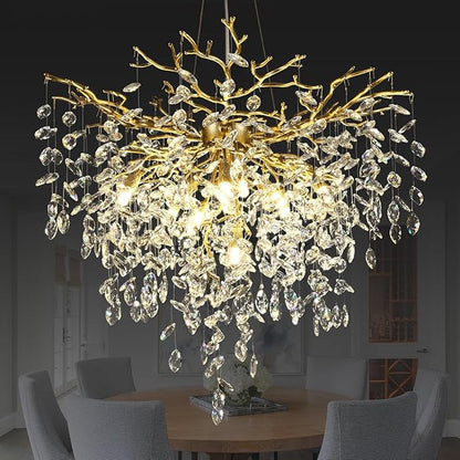 32 inch Crystal Chandelier for Dining Room, Round Gold Tree Branches Chandeliers, Top K9 Crystal Chandelier, Modern Chandeliers for Kitchen,Foyer Entryway,Luxury Adjustable Hanging Chandelier