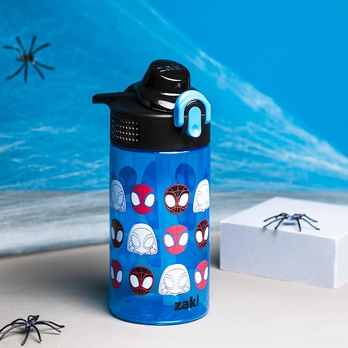 Zak Designs Sage Marvel Spider-Man Water Bottle For School or Travel, 16oz Durable Plastic Water Bottle With Straw, Handle, and Leak-Proof, Pop-Up Spout Cover (Spidey and His Amazing Friends)