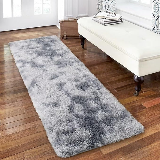 2x6 Rug Runner Faux Fur Fluffy Area Rug for Bedroom Extra Soft Fuzzy Rugs Plush Shaggy Throw Carpet for Nursery Kids Room Non Slip Non Shedding Home Decor Rug for Living Room,Tie Dye Light Grey