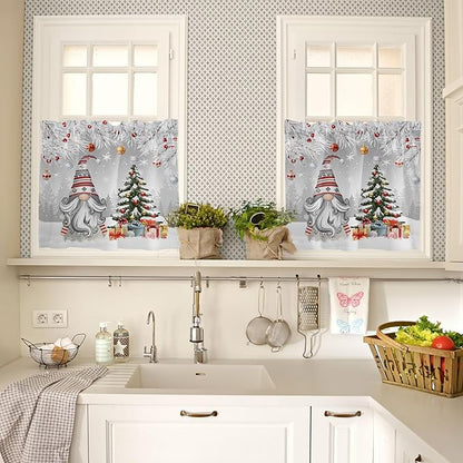 Vandarllin Christmas Gnome Kitchen Curtains and Valances Set, Winter Merry Christmas Tree Balls Windows Treatments Tiers Half/Short Curtains for Small Windows Cafe/Living Room/Bedroom 54x24 in Grey